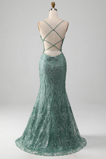 Sparkly Grey Green Mermaid Spaghetti Staps Ball Dress with Beading
